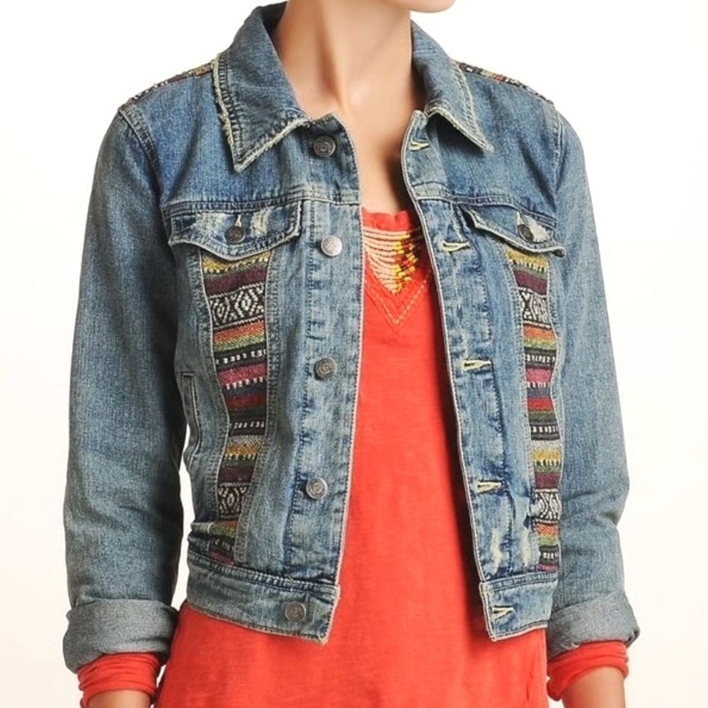 Free People Baja Distressed Denim Tapestry Jacket Boho Woven Panel Blue 6
